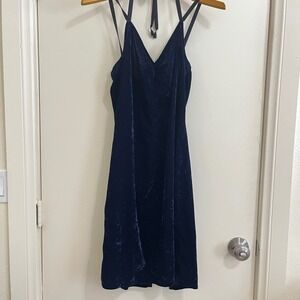 Y2K Velvet Slip Midi Dress‎ Small Blue Strappy Back 90s Fairy Grunge Goth Party